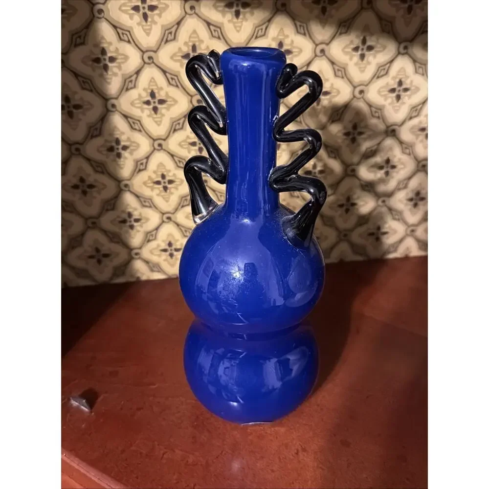 Fantastic Garcia art glass bud vase, signed Garcia Dark Blue & Black 8 1/2 Inch‎